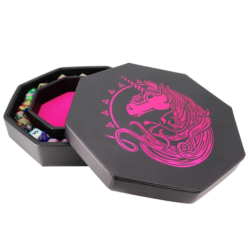 US Fantasydice Electric Pink War Unicorn Dice Tray 8 Octagon with Lid and Dice Staging Area Holds 5 Sets of Dice7 / Standard image 5