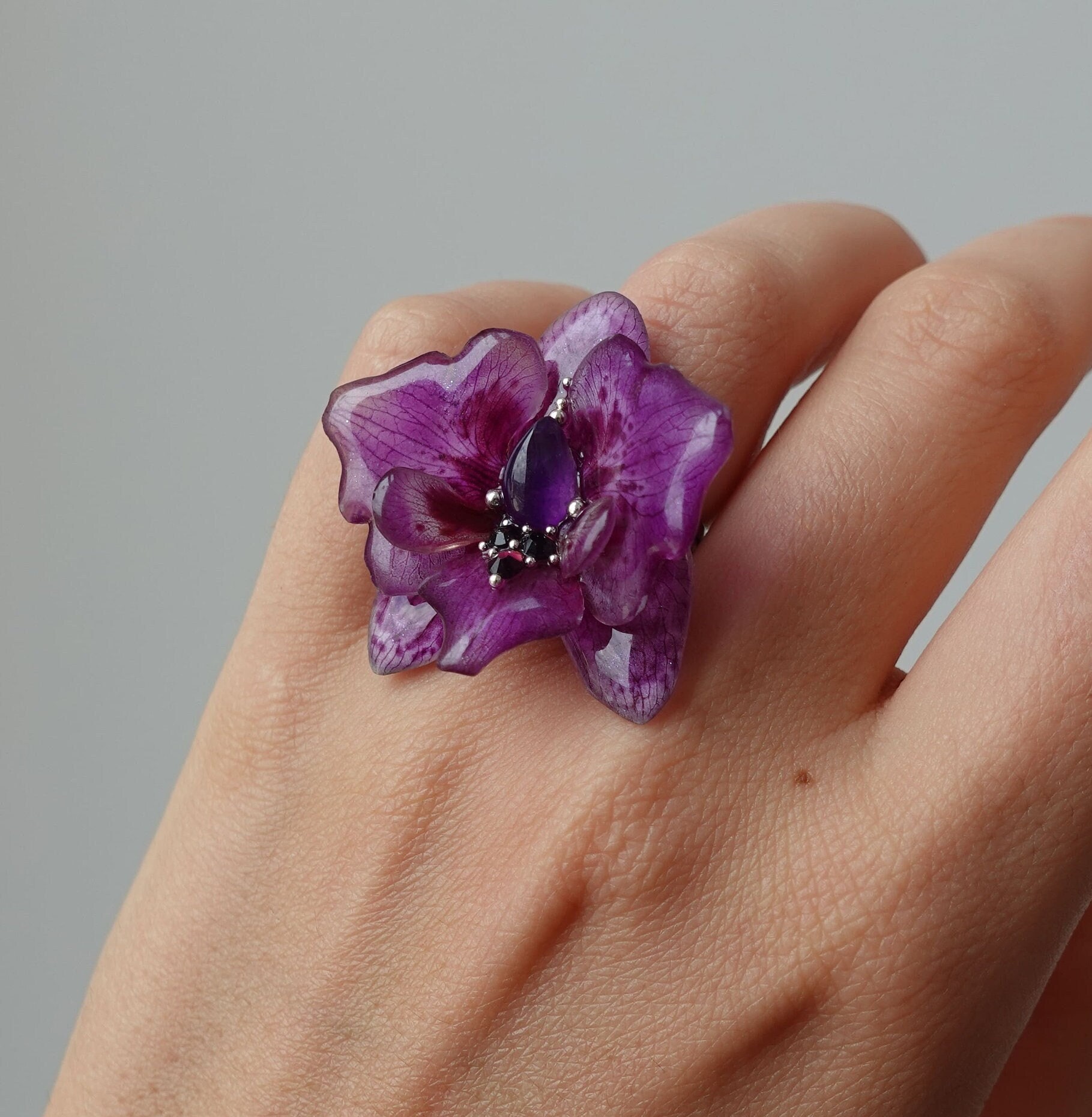 REAL Orchid Ring With Natural Amethyst Adjustable Statement
