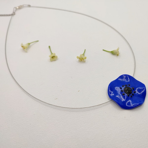 Collier Fleur Coquelicot Bleu - Envoi GRATUIT