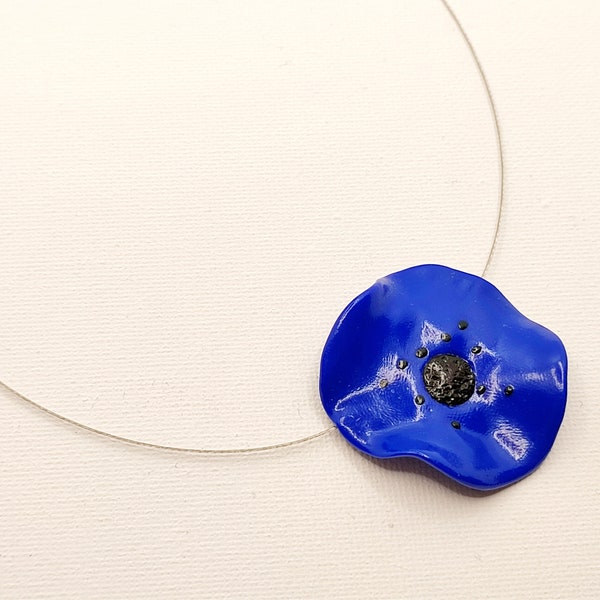 Collier Fleur Coquelicot Bleu - Envoi GRATUIT