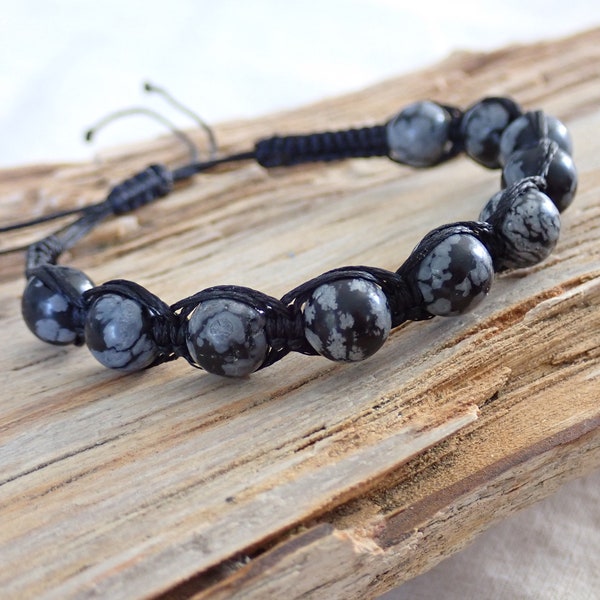 Bracelet en Macramé perles d’Obsidienne flocon de neige - Envoi GRATUIT