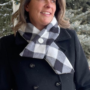 Jimbo&#39;s Scarf- Women&#39;s Black & White Plaid Fleece Scarf, Buffalo Plaid Check Print, Asymmetrical, Preppy, Sporty Stocking Stuffer, Handmade