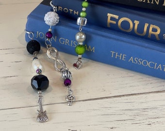 Silver Beaded Bookmarks- Guitar, Music Note or Heart Charms,Book Lover's Gift,Music Teacher's Gift,Handmade Christmas Gifts,Stocking Stuffer