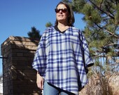 Cozy Camping Poncho, Campfire Poncho, Fleece Pullover, Women 39 s Poncho, Fleece Poncho, Blue White Plaid, Poncho, Christmas Gift, Handmade