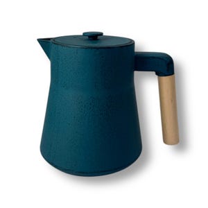 May include: A teal coffee pot with a lid and a wooden handle. The pot has a textured surface and a rounded base. The handle is a light tan colour. The pot is designed for brewing coffee.