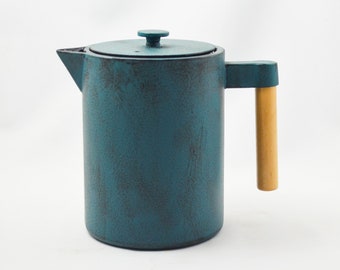 Cast iron teapot &quot;Kohi&quot; – 1.2 l enameled with wooden handle & strainer | Sand cast unique piece | For tea and coffee | Design