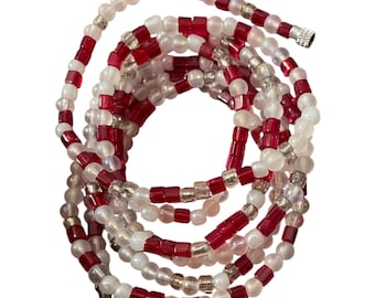 Handmade Red & White Waist Beads: Acrylic Belly Chain, 41"