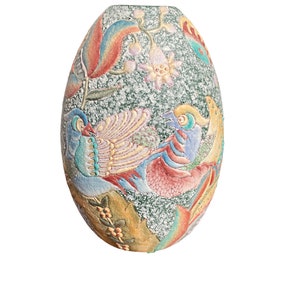 Beautiful Asian Vase Colorful Birds Landscape Hand Painted Textured Signed, Markings Vintage