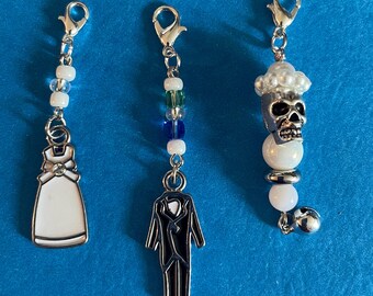 Purse Charms Lot: Wedding Bride, Tuxedo, Gothic Skull Zipper Pulls