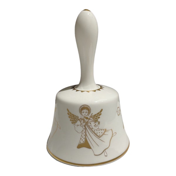 Vtg Bell HAMMERSLEY Porcelain Christmas Bell 1971 Angels Instruments White Gold Gilt trim accents, song verse Hand Bells, Tabletop bells