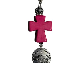 Pink Cross Purse Charm: Silver Word Dangle, Journal Zipper Pull