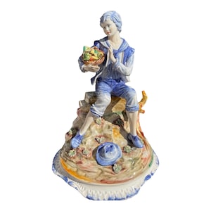 Vintage Capodimonte Statue Sculpture Boy In Blue With Bowl of Fruit Signed Home decor XL Figurine Home Decor Art Furnishings 21” RARE