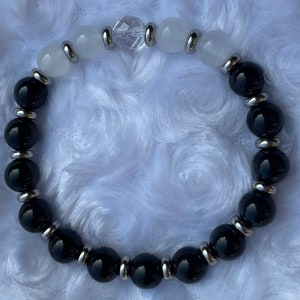Black Tourmaline White Jade Crystal Quartz Beaded Healing Bracelet YIN YANG handmade, fits up to 7.25 wrist Root Heart Chakras