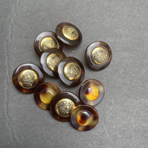 10 - Vintage Buttons Tortoise Shell ( Faux) Findings with Gold Crest, Seal, Stamp, Brown and Gold Sewing Notion Plastic.