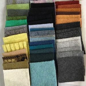 Felted wool 3 1/2” squares, set of 45 different squares, crafting, mittens, penny rugs, applique, zombies, patchwork, DIY, upcycle