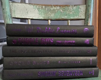 Black & purple book set, books for staging, vintage+modern, books by color, books by foot, bookshelf + office decor display