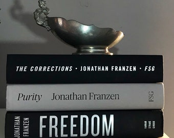 Set of black & pearl gray decorative books by Jonathon Franzen, staging, bookshelf + office decor, coffee table books, book display