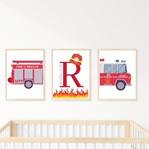 Conjunto de 3 arte de parede de berçário de caminhão de bombeiros para impressão | Impressões de parede personalizadas para quarto infantil | Impressões de caminhão de bombeiros para quarto de menino | Imprimir em casa