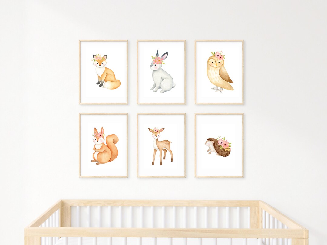 Set of 6 Printable Floral Woodland Animals Nursery Wall Art | Kid’s ...