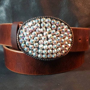 Hand-cut distressed full grain Buffalo leather belt with crystal rhinestone buckle