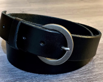 Made in USA 1 3/8" Wide Handmade Full Grain Leather Casual Belt -Antique Finish Round Buckle - Available in Custom Sizes - Black