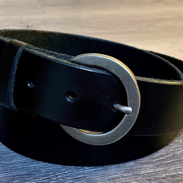 Made in USA 1 3/8" Wide Handmade Full Grain Leather Casual Belt -Antique Finish Round Buckle - Available in Custom Sizes - Black