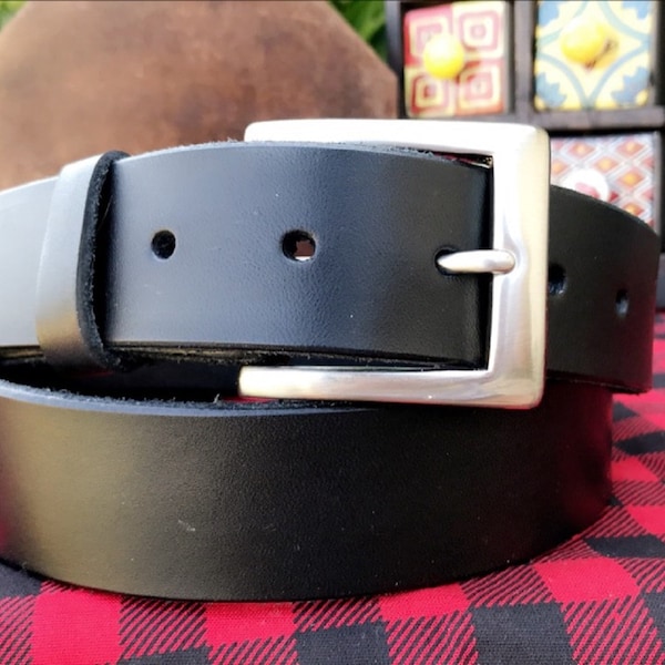 Made in USA 1 3/8" Wide Handmade Full Grain Leather Casual Belt -  Available in Custom Sizes - Black