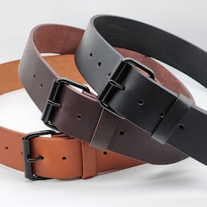 Made in USA - Premium Leather 2&quot; Wide Handmade Full Grain Premium Leather Belt Black Finish Roller Buckle - Available in 4 colors and sizes