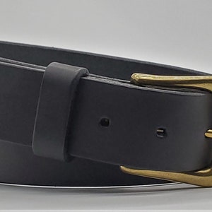 Made in USA 1-3/8" Wide Handmade Black Full Grain Leather Casual Belt - Solid Brass Buckle - Available in Custom Sizes