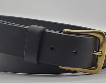 Made in USA 1-3/8" Wide Handmade Black Full Grain Leather Casual Belt - Solid Brass Buckle - Available in Custom Sizes
