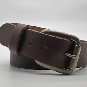 Handmade Full Grain Leather Belt: 1.5&quot; Wide Antique Silver Roller Buckle