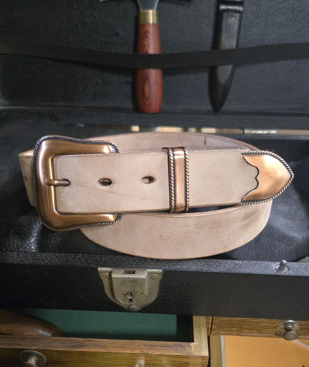 Rustic Western Full Grain Leather Belt - Camel Color - 1-3/8  display picture 2
