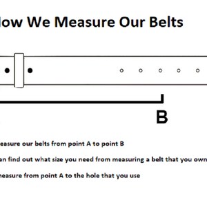 May include: Diagram illustrating how to measure a belt. The text reads "How We Measure Our Belts." The belt is measured from point A to point B. Additional text explains how to measure a belt you own.
