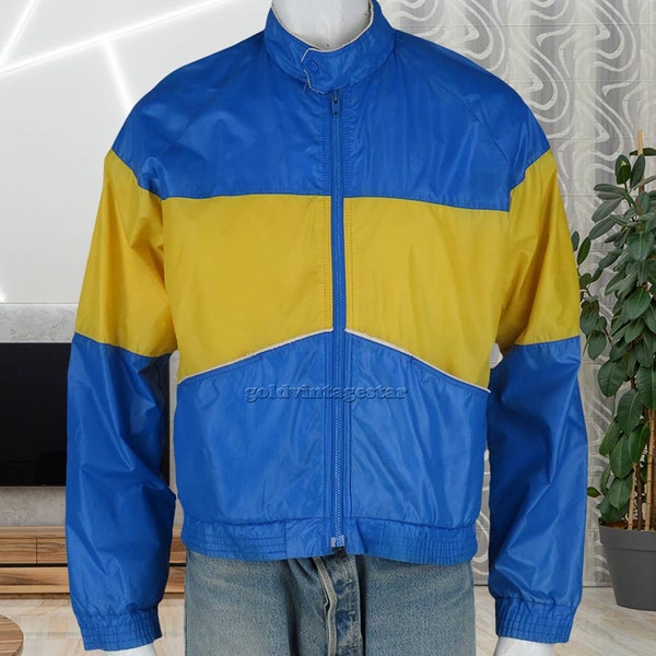 70s Vintage Silton California Color Block Two Tone Blue & Yellow Track Rain Jacket M