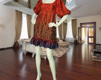 Y2K Vintage Betsey Johnson Floral Tier Print Puff Sleeve Silk Mini Dress S