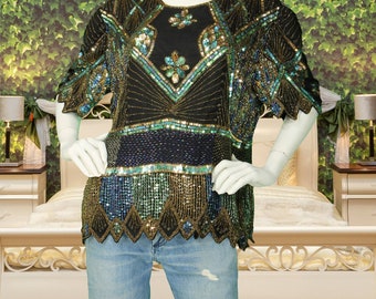 Vintage Birjand Beaded Sequin Floral Silk Party Evening Dinner Cocktail Art Deco Scalloped Hem Top Blouse Shirt