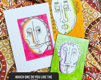 Funky Females Art Print, Colorful Whimsical Drawing (5x7)