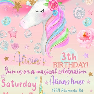 Unicorn Invitation, Unicorn Birthday Invitation, Unicorn Party, Magical Unicorn Party, Rainbow Unicorn Invite, Printable, Digital file image 2