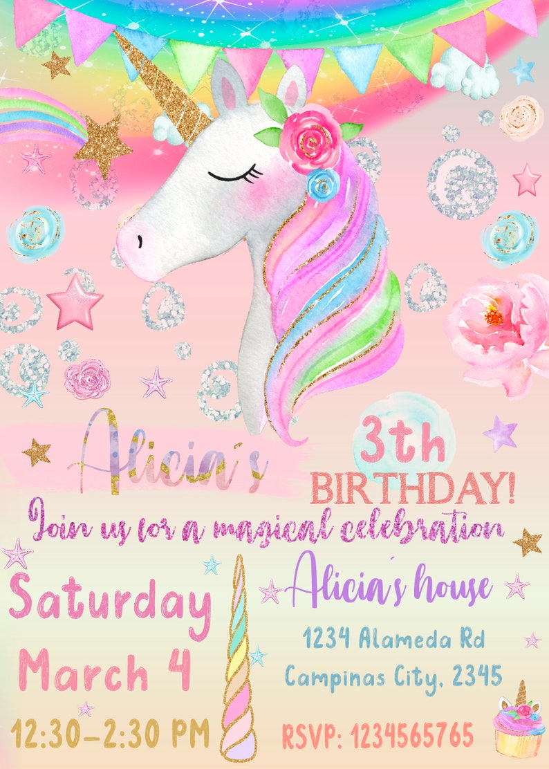 Unicorn Invitation, Unicorn Birthday Invitation, Unicorn Party, Magical Unicorn Party, Rainbow Unicorn Invite, Printable, Digital file image 2