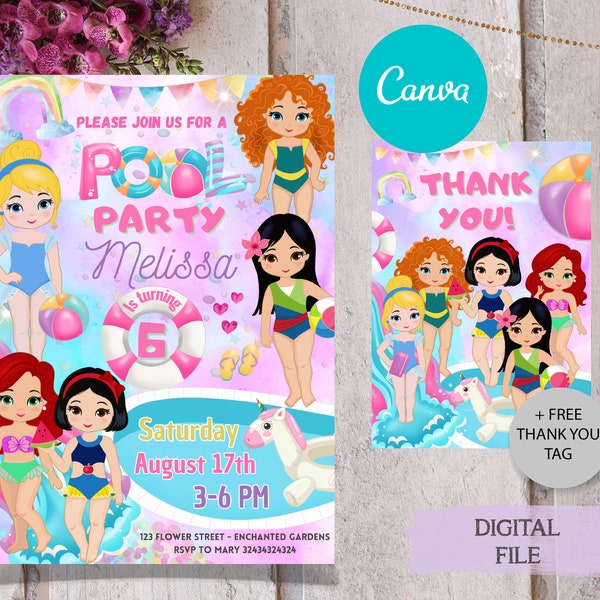 EDITABLE CANVA Princess Pool party invitations
