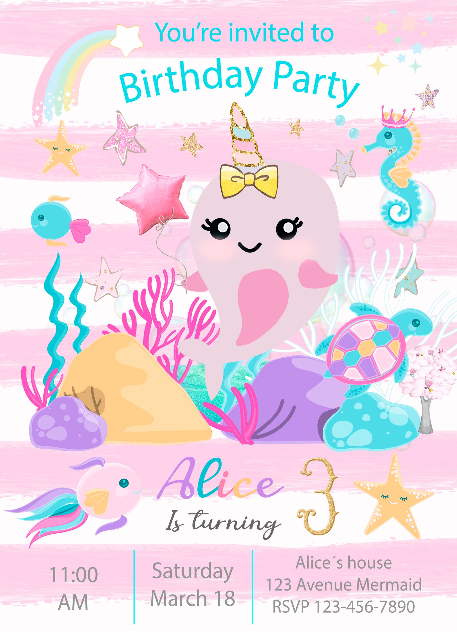 Narwhal Invitation Narwhal Birthday Printable Narwhal Party Etsy