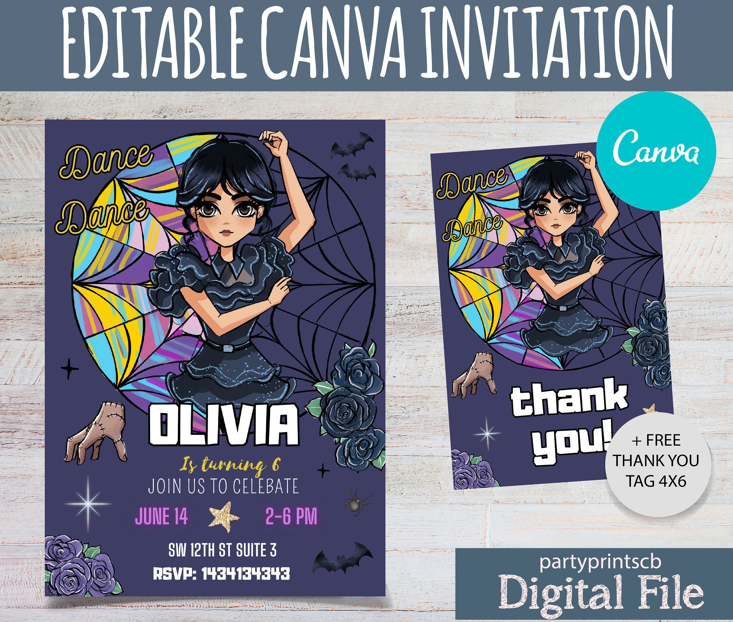 EDITABLE CANVA Wednesday Birthday Invitation