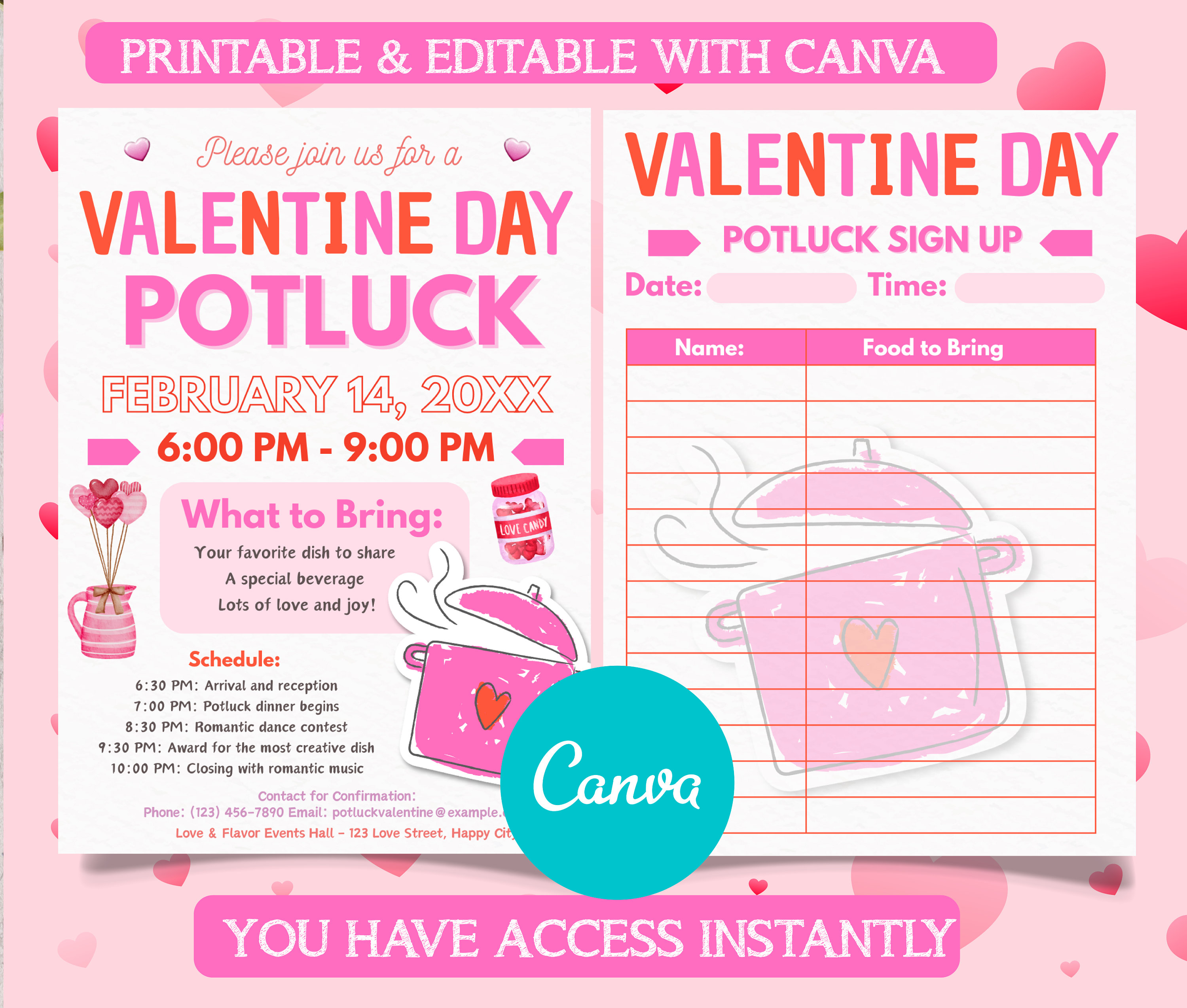 EDITABLE IN CANVA Valentines Potluck Flyer Template + Printable Potluck ...