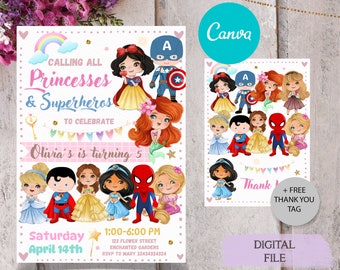 EDITABLE CANVA Princess & Superhero invitation, princess and superhero party, princess and superhero party invitations