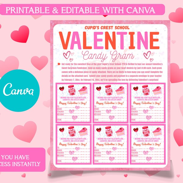 MODIFICABILE IN CANVA Modello di volantino Candy Gram di San Valentino, raccolta fondi Candy Gram