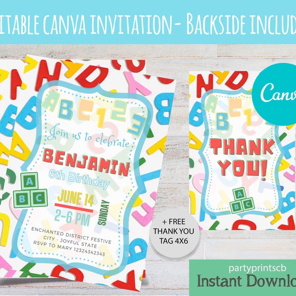 EDITABLE CANVA, Instant Download Alphabet Invitation, Alphabet Theme Birthday Party Invite, ABC Birthday Party Invitation