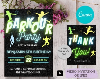 EDITABLE CANVA video neon parkour birthday party invitation