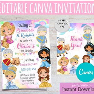 EDITABLE CANVA Princesses and Knight Invitation, Princess And Knights Party Invitations