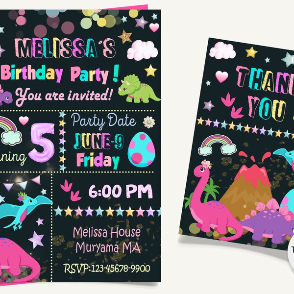 Girl Dinosaur Birthday Invitation, Girl Dinosaur Invitation, Dino Birthday Invite Pink, Girl Dinosaur Chalkboard Invitation
