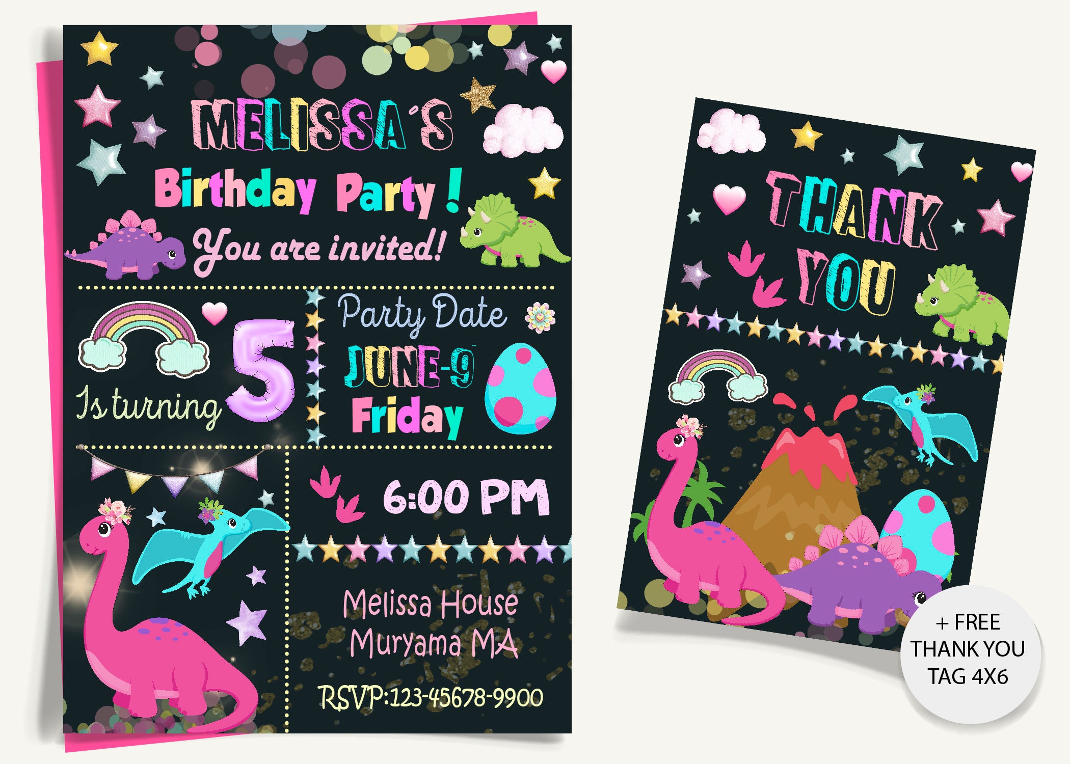 Girl Dinosaur Birthday Invitation Girl Dinosaur Invitation Etsy